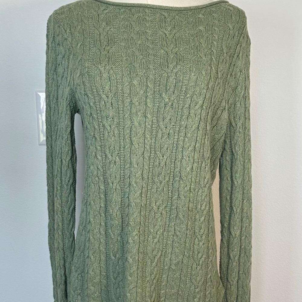Lauren Ralph Lauren Sage Green Cable Knit Boat Neck Cotton Sweater M Preppy